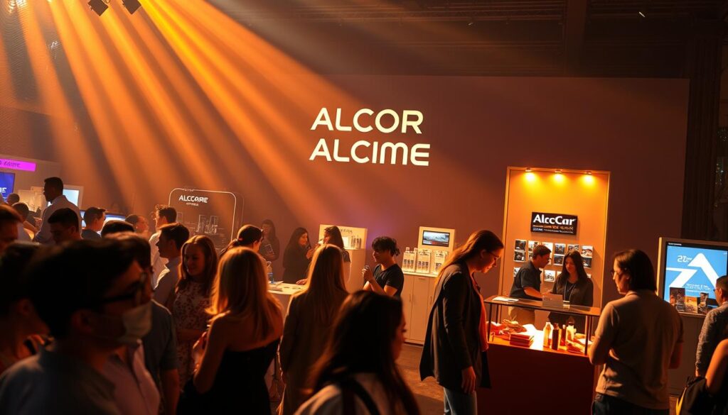A vibrant and dynamic scene showcasing the Alcor Prime brand activation concept. In the foreground, a group of people engaged in interactive displays and activities, their faces filled with excitement. The middle ground features stylish product stands and interactive installations, all bathed in warm, directional lighting that casts dramatic shadows. In the background, a sleek and modern backdrop with the Alcor Prime logo prominently displayed, creating a cohesive and visually striking brand experience. The overall atmosphere conveys a sense of energy, innovation, and immersive brand engagement.