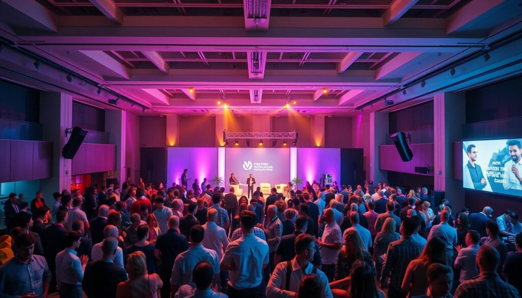 A vibrant and immersive event scene, set against a backdrop of a modern event venue. In the foreground, a crowd of attendees mingle and interact, engaged in lively discussions. The middle ground features a well-designed stage with minimal but impactful decor, highlighting the event's theme. Overhead, soft, warm lighting casts a inviting glow, creating a sense of energy and anticipation. The background showcases the venue's architectural details, subtly blending form and function. The overall atmosphere exudes professionalism, creativity, and a clear understanding of the event's purpose and concept.