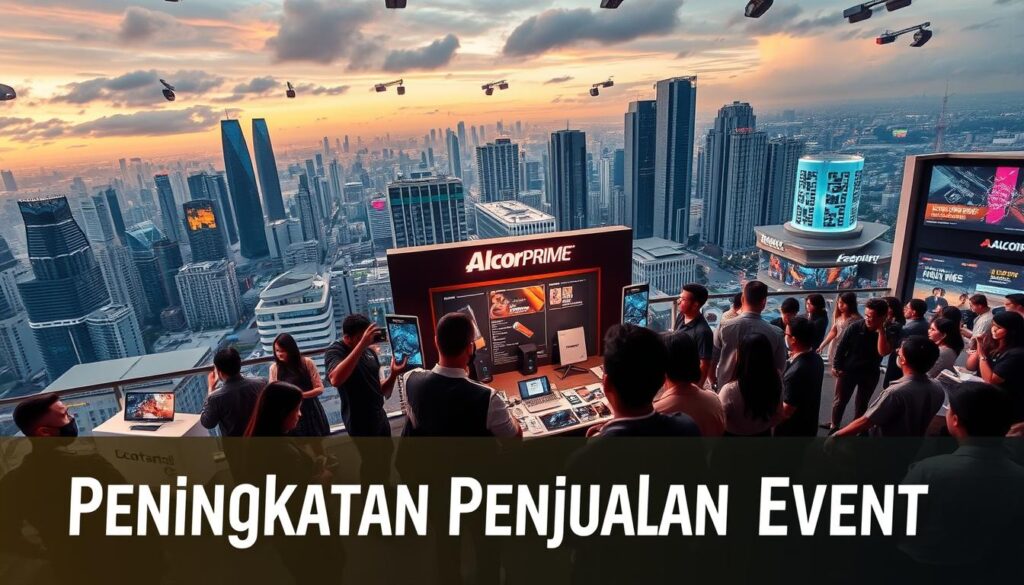 A vibrant brand activation event by Alcor Prime, set against the backdrop of a bustling city skyline. In the foreground, a group of energetic brand ambassadors engage with a captivated audience, showcasing the company's innovative products and services. The middle ground features an interactive display, with sleek product displays and informative signage, drawing the attention of potential customers. The background is a panoramic cityscape, with skyscrapers and bustling streets, conveying a sense of urban energy and progress. The scene is illuminated by warm, inviting lighting, creating a mood of excitement and commercial success. The overall composition reflects the theme of "Peningkatan Penjualan Event," highlighting the power of brand activation to drive sales and boost a company's visibility within the market.