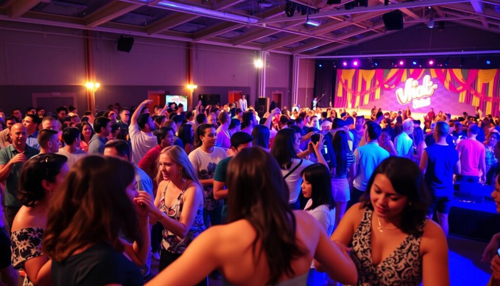 A vibrant community event with attendees engaged in various interactive activities. In the foreground, a group of people enthusiastically participating in a lively dance performance, their movements captured with a wide-angle lens. In the middle ground, a diverse crowd mingles and interacts, with warm lighting illuminating their faces and creating a sense of energy and camaraderie. In the background, a stage with colorful lighting and decorations sets the stage for an upcoming performance, hinting at the array of entertainment options available. The overall atmosphere conveys a sense of inclusive, lively, and immersive event experience.