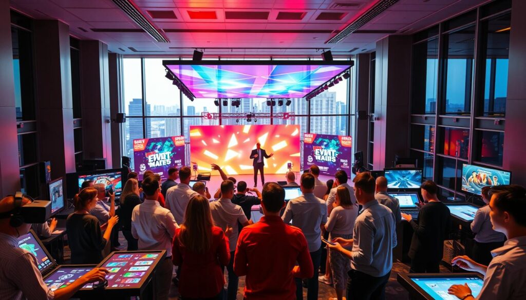 A vibrant, gamified event scene set in a sleek, modern office environment. In the foreground, a group of employees engage enthusiastically in various interactive activities, such as virtual reality gaming stations, digital leaderboards, and tactile puzzle challenges. The middle ground features a central event stage with holographic displays, animated graphics, and a energetic host guiding the proceedings. In the background, the office space is bathed in a warm, dynamic lighting scheme, with large windows offering a cityscape view beyond. The overall atmosphere conveys a sense of teamwork, healthy competition, and collective achievement, reflecting the concept of "Event Gamification" at the heart of the corporate setting.