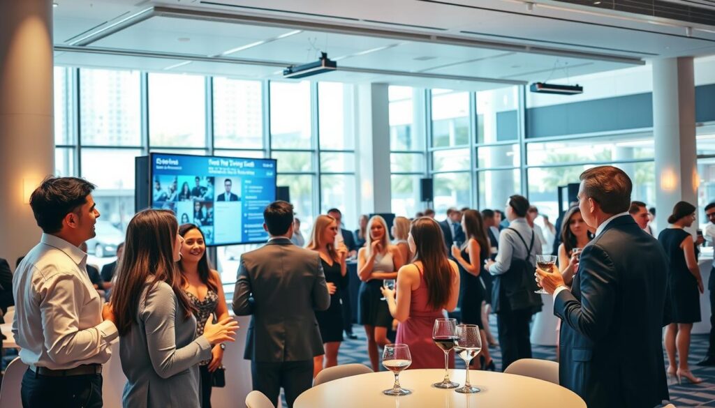 A vibrant, modern event venue with sleek, minimalist decor. In the foreground, a group of event organizers in casual, professional attire are engaged in animated discussions, gesturing towards a large display screen showcasing event details. The middle ground features elegantly dressed event attendees mingling and networking, sipping drinks from chic glassware. The background reveals floor-to-ceiling windows, allowing natural light to flood the space and creating a sense of openness and sophistication. The overall atmosphere conveys a polished, yet approachable vibe, suitable for a high-caliber event planning business.