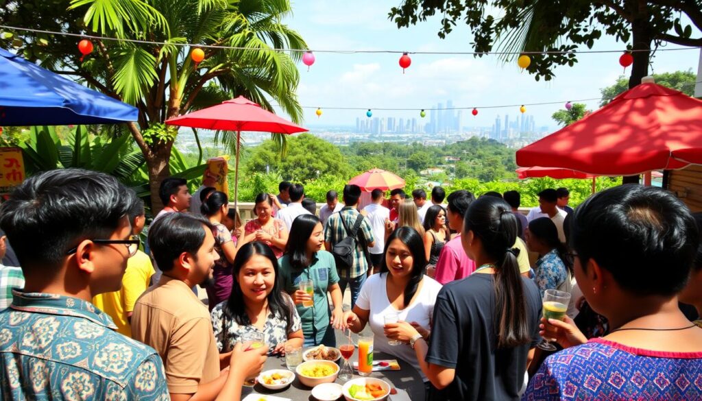 A vibrant scene of an expat community gathering in Indonesia. In the foreground, a diverse group of people engaged in lively conversation, sharing food and drinks. In the middle ground, an outdoor event space with festive decorations and colorful umbrellas providing shade. In the background, a glimpse of lush tropical greenery and the bustling city skyline, creating a sense of cultural immersion. The lighting is warm and inviting, capturing the spirit of camaraderie and cultural exchange. A wide-angle lens emphasizes the inclusive and communal atmosphere of this expat community network event.