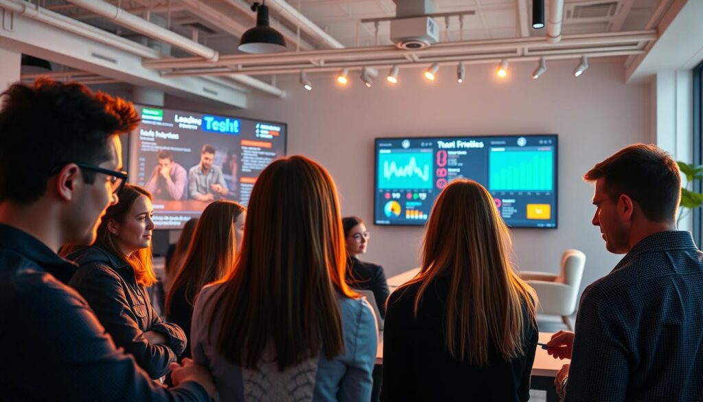 A vibrant, strategic corporate event with gamification elements. In the foreground, a group of professionals engaged in a collaborative team-building activity, their faces lit by warm, natural lighting. In the middle ground, a large digital display showcases leaderboards, progress metrics, and real-time feedback, creating a sense of friendly competition. The background features a modern, minimalist office space with sleek furniture and large windows, bathed in soft, diffused lighting that sets a productive, aspirational tone. The overall atmosphere evokes a sense of unity, productivity, and a playful, yet focused, approach to corporate events.