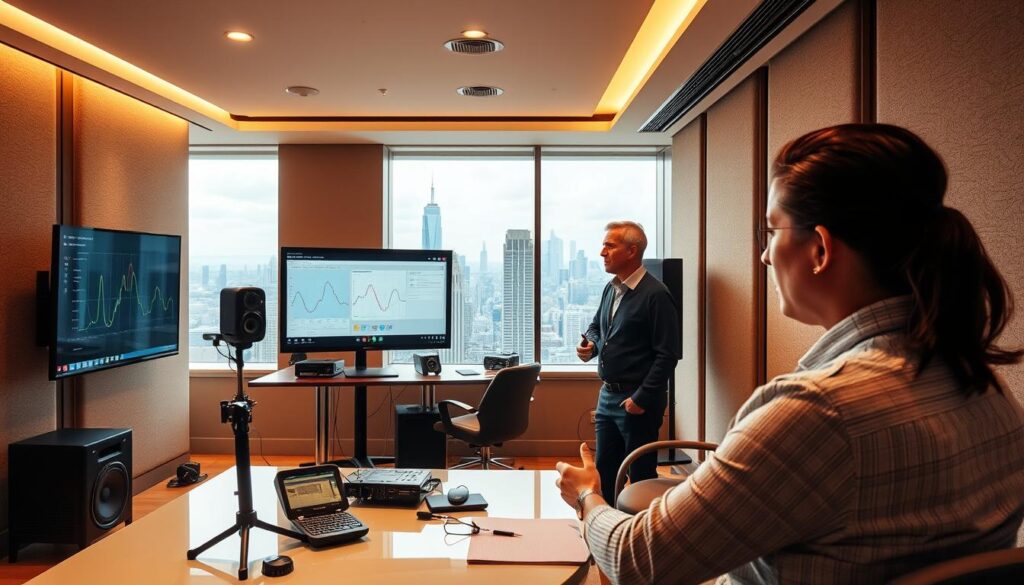 A well-lit, modern acoustic consultation office with sleek Alcor Prime acoustic panels lining the walls, creating a warm and inviting atmosphere. In the foreground, an acoustic engineer consults with a client, discussing sound-absorbing materials and placement. The middle ground features various measurement devices and acoustic analysis software displayed on a large, high-resolution monitor. The background showcases a panoramic view of a bustling cityscape, highlighting the importance of professional acoustic services in urban environments.