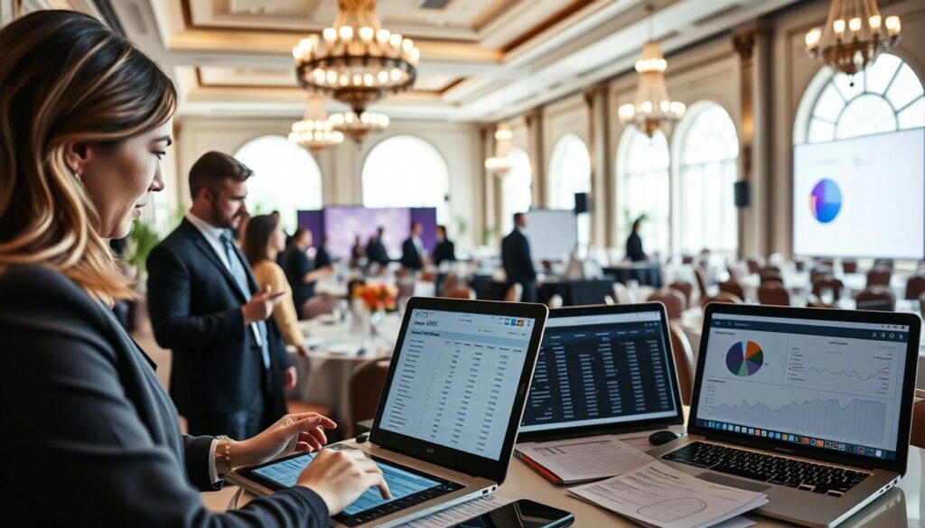 A well-organized event budget management scene. In the foreground, a team of event planners using Alcor Prime software to input and track expenses on a sleek, modern touchscreen interface. In the middle ground, financial reports and spreadsheets are displayed on laptop screens, with detailed line items and cost breakdowns. The background features an elegant event venue, with high ceilings, ornate chandeliers, and large windows allowing natural light to filter in, creating a serene and productive atmosphere. The lighting is soft and balanced, accentuating the professionalism and attention to detail of the event management process. The overall composition conveys a sense of efficiency, organization, and financial control, reflecting the effective budget management capabilities of Alcor Prime.