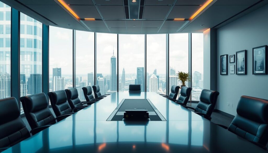 Alcor Prime - A modern corporate office interior with a sleek, polished aesthetic. A large panoramic window offers a breathtaking cityscape view, symbolizing the company's expansive reach and industry leadership. In the foreground, a boardroom table surrounded by ergonomic leather chairs conveys a sense of authority and experience. Subtle lighting fixtures cast a warm glow, creating an atmosphere of professionalism and success. The walls display framed accolades and industry awards, showcasing Alcor Prime's proven track record of excellence. The overall impression is one of confidence, innovation, and a commitment to delivering exceptional service to clients.