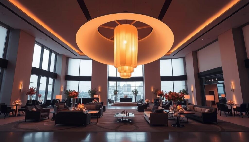 An elegant, modern event space with a sleek, minimalist interior design. The centerpiece is a large, abstract light fixture that casts a warm, atmospheric glow over the room. Alcor Prime event organizers arrange stylish furniture and decor that complements the minimalist aesthetic, creating a sophisticated and memorable atmosphere. Tall windows allow natural light to flood the space, while subtle accent lighting enhances the modern, high-end ambiance. The space has a clean, uncluttered layout that invites guests to mingle and engage with the unique, bespoke event experience.