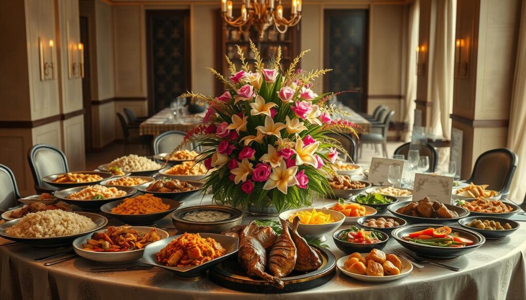 An elegant table setting for a sumptuous buffet feast, showcasing the finest culinary delights of the Alcor Prime catering service. A lush floral centerpiece adorns the middle, surrounded by an array of meticulously prepared dishes - aromatic rice, sizzling grilled meats, vibrant vegetable sides, and decadent desserts. Soft natural lighting casts a warm glow, creating an inviting and luxurious ambiance. The tableware is a harmonious blend of traditional Indonesian motifs and modern elegance, reflecting the perfect balance of tradition and innovation that defines the Alcor Prime brand. This sumptuous spread is a true feast for the senses, inspiring guests to indulge in the finest flavors and experiences.