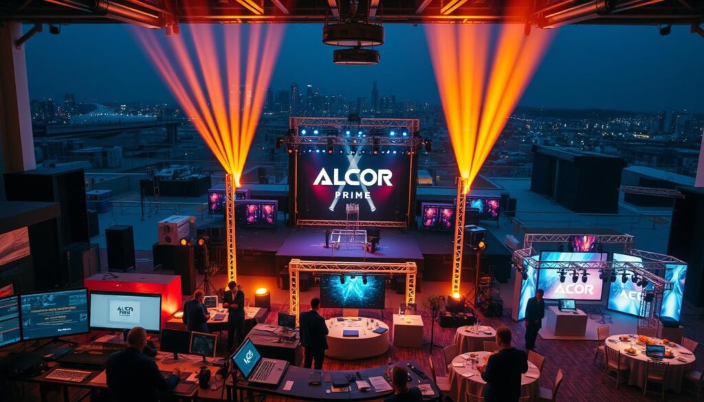 An integrated event solution featuring the Alcor Prime brand. In the foreground, a team of professional event organizers collaborating, surrounded by a variety of event-planning tools and equipment. In the middle ground, various event setups and decor elements - a stage, lighting rigs, catering tables, and more. In the background, a cityscape or venue setting, conveying a sense of scale and scope. The overall atmosphere is one of efficiency, coordination, and a commitment to delivering exceptional event experiences. Warm, directional lighting highlights the key elements, creating depth and emphasizing the professional, integrated nature of the solution.