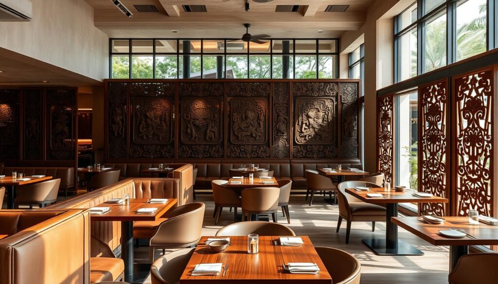 Elegant interior of Wayang Bistro, a modern Indonesian restaurant in Jakarta. Natural light filters through large windows, illuminating the harmonious blend of traditional Javanese wayang puppet motifs and sleek, contemporary furnishings. Plush leather seating surrounds polished wooden tables, complemented by intricate carved wooden screens and accents. Muted earth tones and natural materials create a warm, inviting ambiance, while strategic lighting casts a soft, atmospheric glow. High ceilings and open layout evoke a sense of spaciousness, seamlessly integrating the indoor and outdoor dining areas. The design skillfully combines traditional Indonesian heritage with sophisticated, modern sensibilities, reflecting the restaurant's unique culinary offerings.