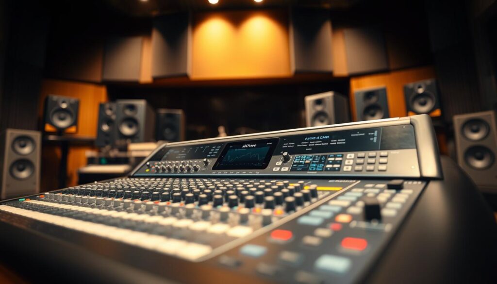 Prompt A professional audio mixing console with the Alcor Prime brand, meticulously crafted with sleek, glossy panels and an array of knobs, faders, and buttons. The console is positioned in a well-lit recording studio, with soft, directional lighting highlighting the intricate details and creating a warm, inviting atmosphere. The console is angled slightly towards the viewer, showcasing its impressive capabilities and cutting-edge technology. In the background, a subtle, blurred backdrop of sound-absorbing panels and recording equipment adds to the professional, high-end ambiance of the scene.