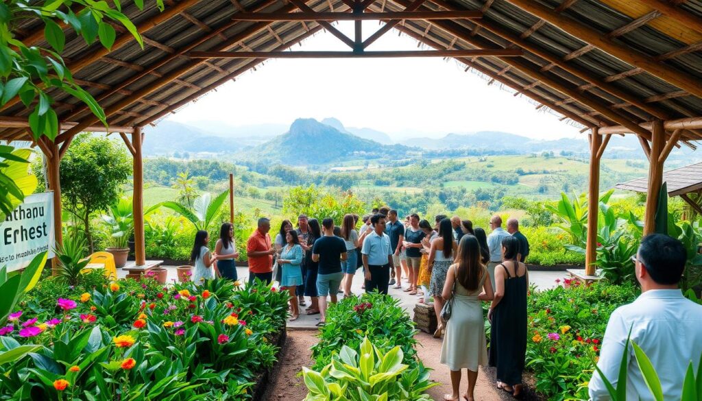 a lush green outdoor event venue in Indonesia, filled with vibrant tropical foliage and sustainable landscaping. A large open-air pavilion with natural wood beams and a thatched roof stands in the foreground, surrounded by carefully cultivated gardens bursting with native flowers and plants. In the middle ground, groups of people mingle and engage in eco-friendly activities, their smiles and laughter creating a warm, welcoming atmosphere. The background features rolling hills and a scenic vista, bathed in soft, diffused natural lighting that accentuates the event's sustainable, eco-conscious aesthetic.