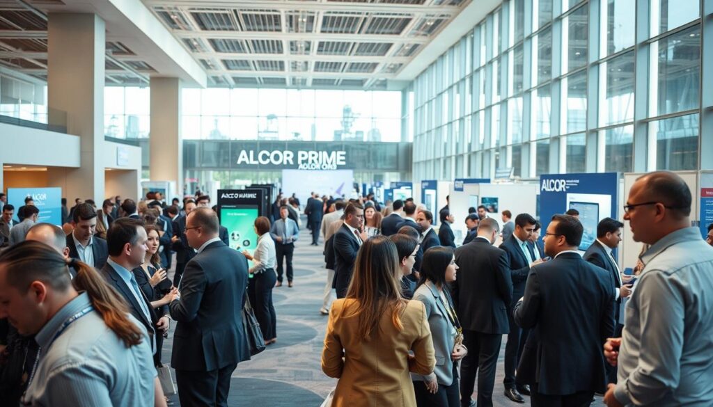 A bustling corporate event at the Alcor Prime convention center, with professional business executives networking and collaborating in a vibrant, well-lit setting. The foreground features smartly dressed attendees engaged in animated discussions, while the middle ground showcases a variety of event displays and stands. In the background, the venue's modern architecture and large windows create a sense of openness and sophistication. Soft, even lighting illuminates the scene, capturing the professional atmosphere and the Alcor Prime brand's commitment to enabling seamless business events.