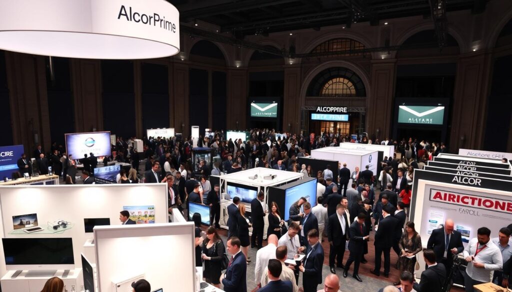 A bustling event venue, filled with the energy of an Alcor Prime exhibition. In the foreground, a carefully curated display showcases the innovative products and services of the exhibiting company. Crisp lighting illuminates the vibrant colors and sleek designs, inviting visitors to explore. In the middle ground, a diverse crowd of attendees mingles, engaged in lively discussions and exchanging business cards. The background reveals the grand architectural elements of the venue, creating a sense of scale and prestige. An atmosphere of professionalism and success pervades the scene, capturing the essence of a triumphant event organized by a seasoned Alcor Prime event management team.