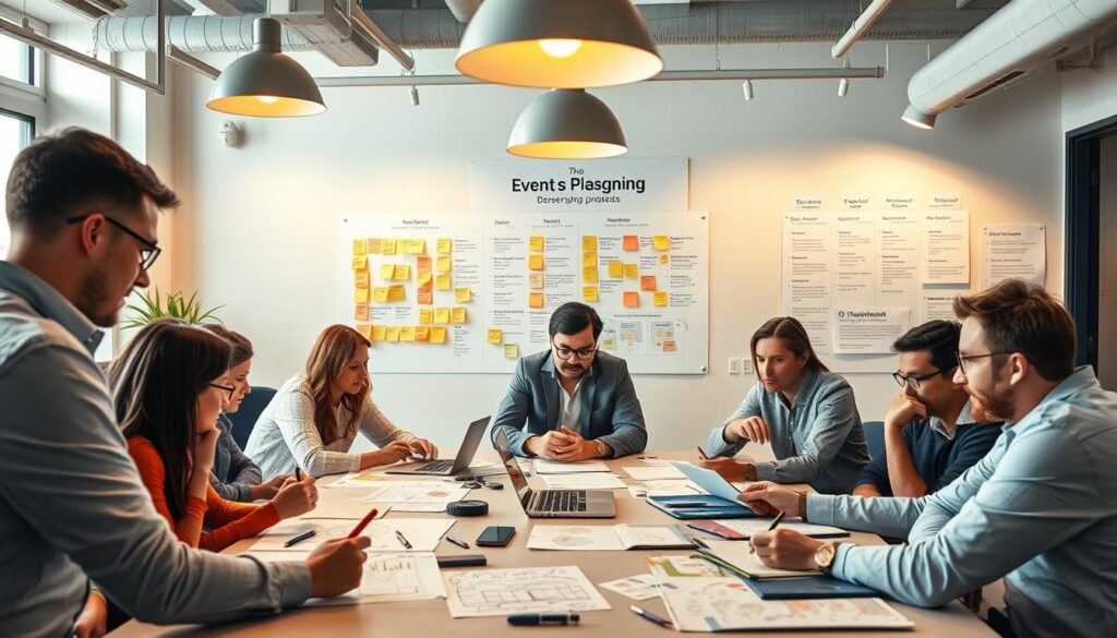 A bustling office setting, with Alcor Prime employees engaged in lively discussions around a large conference table. The lighting is warm and professional, with a mix of natural light filtering in through windows and strategically placed pendant lamps. In the foreground, a team is brainstorming ideas, sketching out diagrams and taking notes, while in the middle ground, others are reviewing presentations and spreadsheets, their expressions focused and determined. The background features a whiteboard filled with colorful post-it notes and a wall-mounted display showcasing Alcor Prime's event planning process, complete with milestones and timelines. The overall atmosphere conveys a sense of organization, collaboration, and a commitment to delivering exceptional event experiences.
