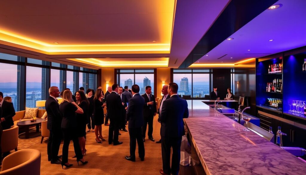 A modern and sleek event space with a warm, inviting atmosphere. The Alcor Prime event organizer showcases their professional expertise, offering a well-appointed venue with high-end furnishings, subtle lighting, and a harmonious color palette. In the foreground, a group of smartly dressed guests mingle effortlessly, engaged in friendly conversations. The middle ground features a stylish bar area with a polished marble counter and carefully curated cocktails. The background reveals a panoramic view of the city skyline, creating a sense of exclusivity and sophistication. This image conveys the Alcor Prime brand's commitment to delivering tailored event solutions that exceed client expectations.