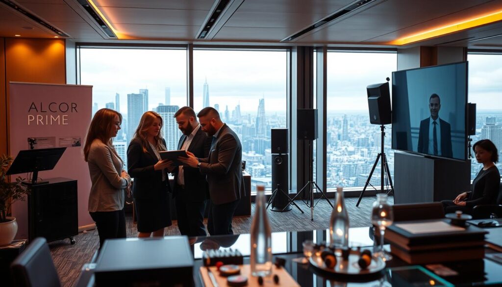 A modern event planning office with sleek Alcor Prime branding and design. The foreground features a team of event organizers collaborating on a digital display, their faces obscured but their professional attire and body language conveying expertise. The middle ground showcases event equipment and props, hinting at the range of services offered. In the background, a panoramic city skyline through large windows suggests an urban, high-end setting conducive to hosting prestigious events. Warm, professional lighting illuminates the scene, creating an atmosphere of efficiency, creativity, and client-focused service.