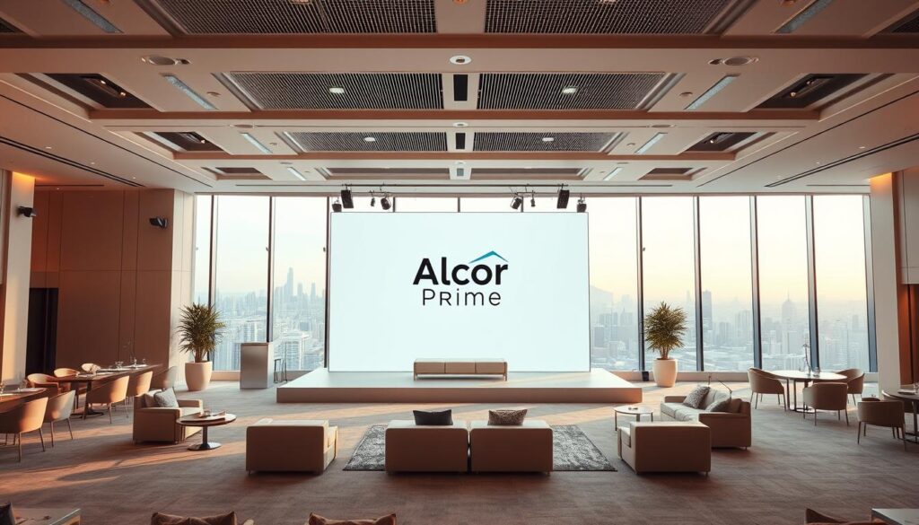 A professional event design for a corporate gathering, showcasing the Alcor Prime brand. A well-lit, contemporary event space with a sleek, minimalist aesthetic. In the foreground, a central stage with a large display screen displaying the Alcor Prime logo. Surrounding the stage, chic furnishings and decor elements in a neutral color palette, creating a polished and sophisticated atmosphere. In the background, a panoramic view of the city skyline, hinting at the high-end nature of the event. The lighting is warm and inviting, creating a sense of elegance and exclusivity. The overall composition suggests a tailored, bespoke event designed to showcase the Alcor Prime brand and impress its distinguished guests.