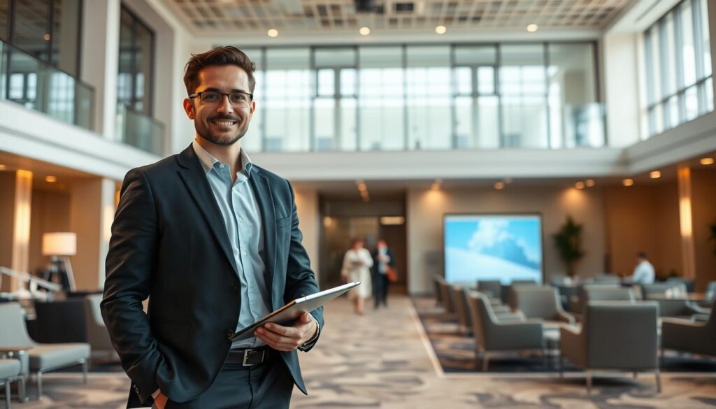 A professional event organizer named Alcor Prime, wearing a smart casual outfit, standing confidently in a well-lit event venue with a modern, minimalist decor. The venue features high ceilings, large windows, and sleek furniture. Alcor Prime is surrounded by various event-planning tools and equipment, like clipboards, tablets, and event schedules, conveying their expertise and preparedness. The overall atmosphere is one of efficiency, attention to detail, and a commitment to delivering a memorable event experience.