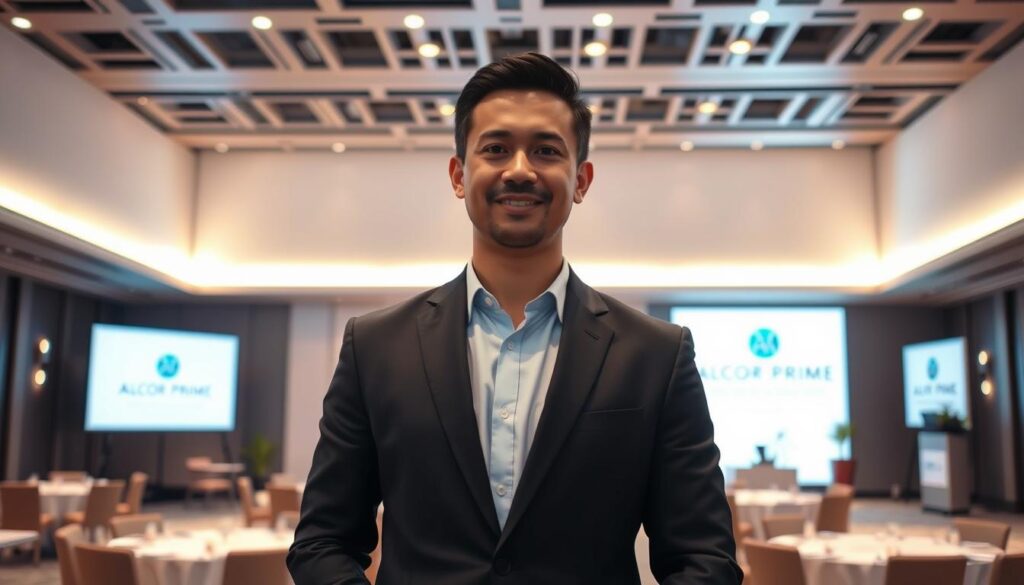 A professional event organizer named Tim Ahli, dressed in a sharp suit, standing confidently in the foreground of a modern event venue. The space features minimalist decor, sleek lighting, and high-ceilings that create an atmosphere of sophistication. In the background, a large Alcor Prime logo is prominently displayed, indicating Tim's affiliation with this reputable event management company. The scene conveys Tim's expertise, the high-quality services of Alcor Prime, and the seamless execution of successful business events.