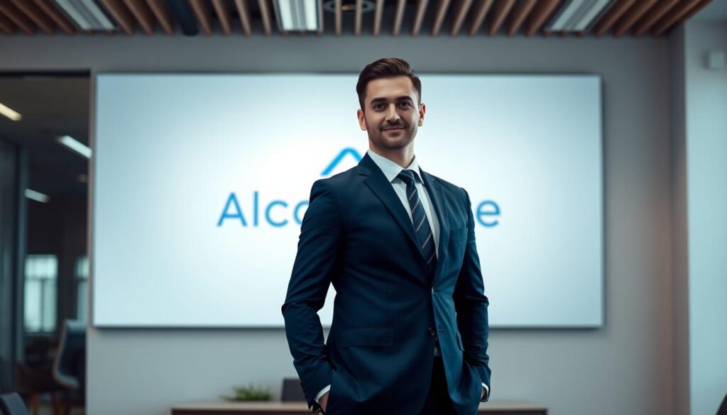 A professional event organizer standing confidently in a modern, well-lit office setting. Dressed in a sharp, navy blue suit, they exude an air of authority and expertise. In the background, the Alcor Prime logo is prominently displayed on a sleek, minimalist wall panel, conveying the company's brand identity. The lighting is soft and directional, creating depth and highlighting the organizer's confident pose. The overall atmosphere is one of professionalism, efficiency, and a dedication to delivering exceptional event experiences.