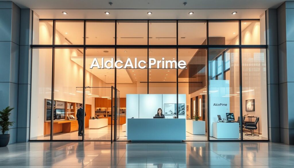 A professional one-stop service center featuring the Alcor Prime brand. A sleek, modern building with a large glass facade, clean lines, and a minimalist design. The interior is bright and airy, with high ceilings and open floor plans. Customers are greeted by a welcoming, professional staff at the central reception desk. The space is equipped with private consultation rooms, a showroom displaying the company's products and services, and a dedicated workspace for event planning and coordination. Warm lighting, neutral tones, and subtle branding elements create a sophisticated, trustworthy atmosphere.