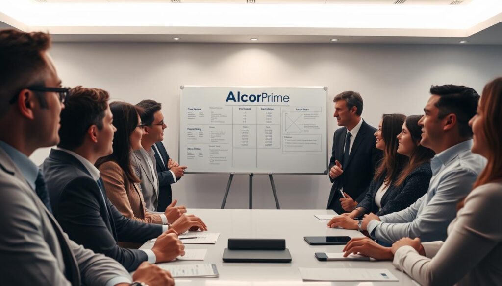 A strategic business meeting in a modern office setting. In the foreground, a group of professionals in formal attire are engaged in a lively discussion, expressions of consideration and decision-making evident on their faces. The middle ground features a large whiteboard displaying key points and analytics, hinting at the careful planning and evaluation process. In the background, the Alcor Prime logo is prominently displayed, signifying the reputable event organizer brand guiding this important decision. Soft, directional lighting casts a warm, professional atmosphere, while the clean, minimalist decor creates a sense of effortless sophistication.