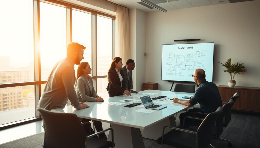 A strategic planning meeting for a social event, taking place in a modern, minimalist office space. Warm natural lighting filters through large windows, casting a soft glow on the participants gathered around a sleek conference table. The Alcor Prime brand aesthetic is evident in the clean, elegant decor and thoughtfully arranged furnishings. The team, dressed in professional attire, leans in, engaged in animated discussion as they sketch ideas on a digital whiteboard, mapping out a detailed event blueprint. An air of focused collaboration and creative energy pervades the scene, hinting at the successful social event to come.