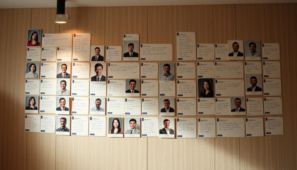 A testimonial wall featuring real-world clients of Alcor Prime, an event organizer in Jakarta. The wall displays a collage of headshot portraits, company logos, and handwritten notes in a warm, inviting color palette. The lighting is soft and diffused, creating a sense of professionalism and authenticity. The background features a subtle pattern or texture, possibly wooden paneling or a textured plaster wall, to ground the composition. The overall atmosphere conveys trust, credibility, and a track record of successful business events.