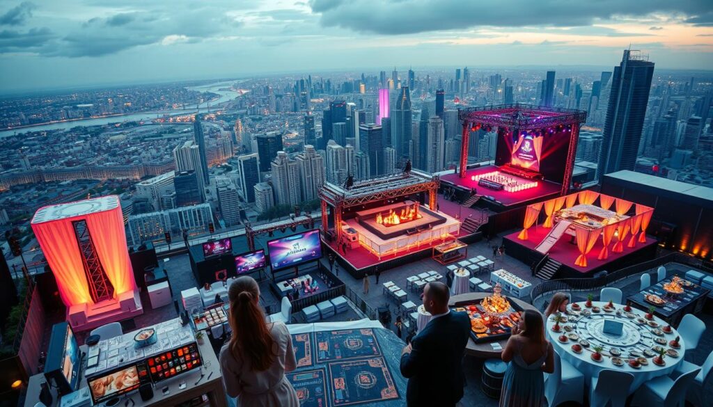 A vibrant scene of an Alcor Prime event organizer service showcasing their diverse offerings. In the foreground, a team of professional event coordinators discuss intricate plans, surrounded by a variety of event-themed props and equipment. The middle ground features a panoramic view of a bustling event venue, with elegantly decorated stages, lighting rigs, and catering setups. In the background, a stunning cityscape provides a dynamic backdrop, hinting at the grand scale and seamless execution of the Alcor Prime event solutions. The overall mood is one of meticulous organization, creative flair, and a commitment to delivering exceptional experiences.