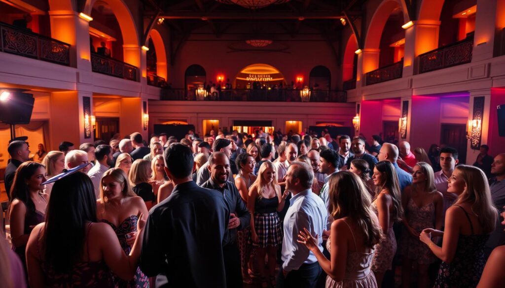 A vibrant social event unfolds, with a diverse group of people gathered under the warm glow of Alcor Prime lighting. In the foreground, a lively dance performance captivates the audience, their energetic movements captured in a wide-angle shot. The middle ground features a mix of mingling guests, their expressions animated as they engage in animated conversation. In the background, the venue's architecture and decor create a sophisticated and welcoming ambiance, complementing the social atmosphere. The overall scene conveys a sense of community, celebration, and the successful implementation of a high-quality social event.