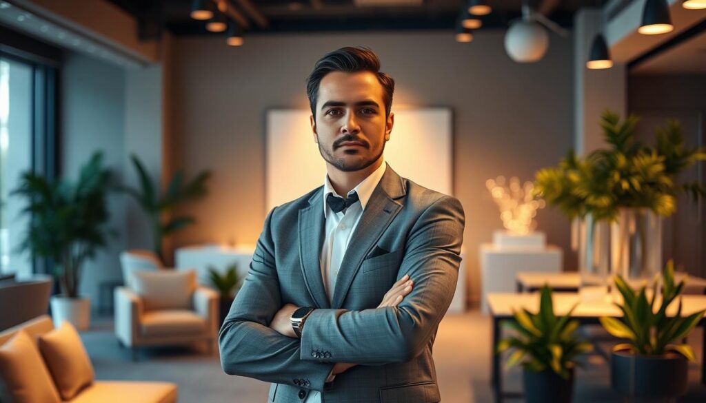 A well-dressed event organizer, embodying the Alcor Prime brand, stands confidently in a modern, minimalist event space. Soft, warm lighting illuminates their focused expression as they oversee the meticulous setup, ensuring every detail is precisely in place. The background features a mix of sleek furnishings, potted plants, and subtle event decor, creating a harmonious, professional atmosphere. The organizer's attentive posture and thoughtful gaze convey their deep understanding of their role and unwavering commitment to delivering a successful, high-quality social event.