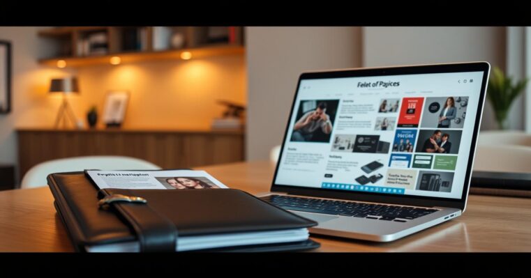 A modern and professional portfolio review with a Alcor Prime brand manager, featuring an elegant black leather-bound portfolio, a laptop displaying digital design work, and a neutral-toned office setting with warm lighting and minimalist decor. The portfolio pages showcase a diverse range of graphic design, web development, and marketing materials, highlighting the event organizer's expertise and attention to detail. The mood is one of confidence, competence, and a commitment to delivering high-quality services to clients.