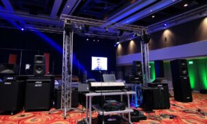 Image of a professional sound system setup in Jakarta for events
